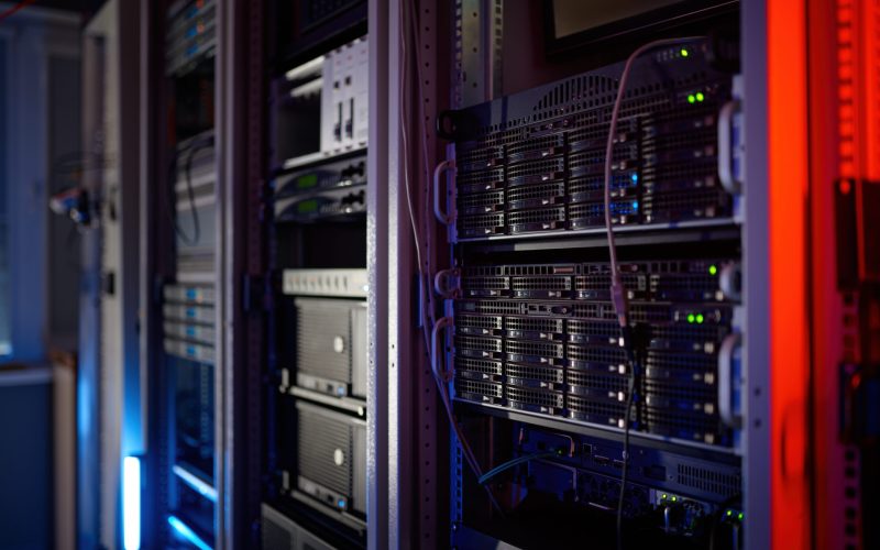 Closeup server room data center for cloud computing. Telecommunication hardware, artificial intelligence technology and supercomputer database concept