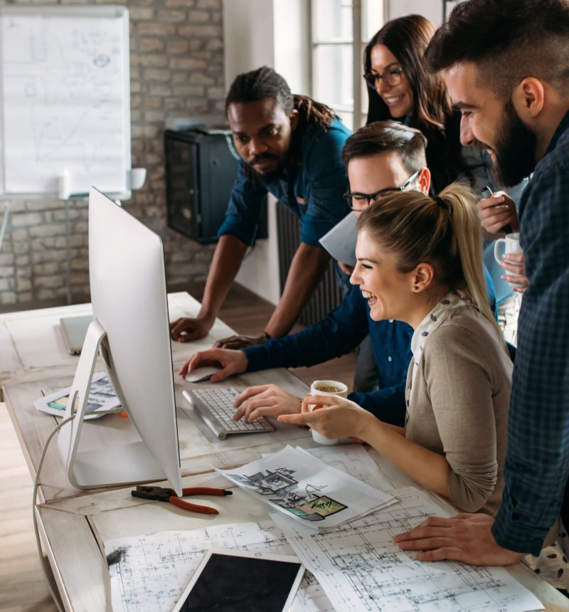 Company employees working in software development and designer office